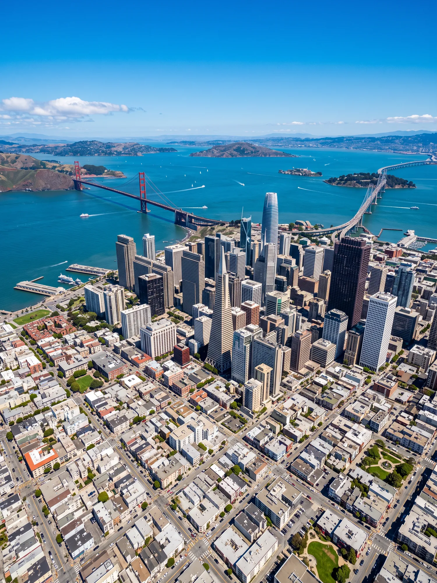 Panoramic aerial view of San Francisco skyline in bright daylight