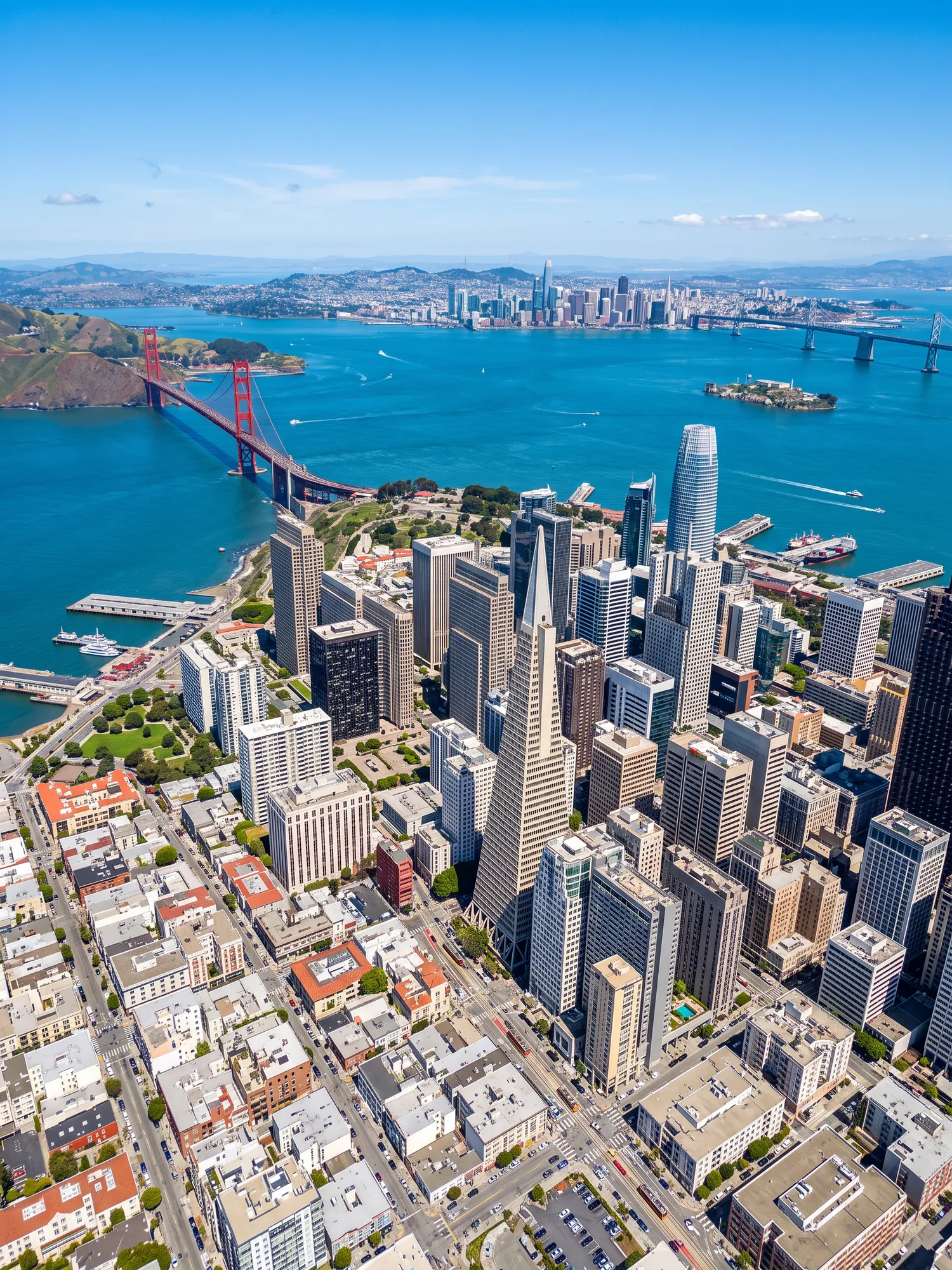 Panoramic aerial view of San Francisco skyline in bright daylight