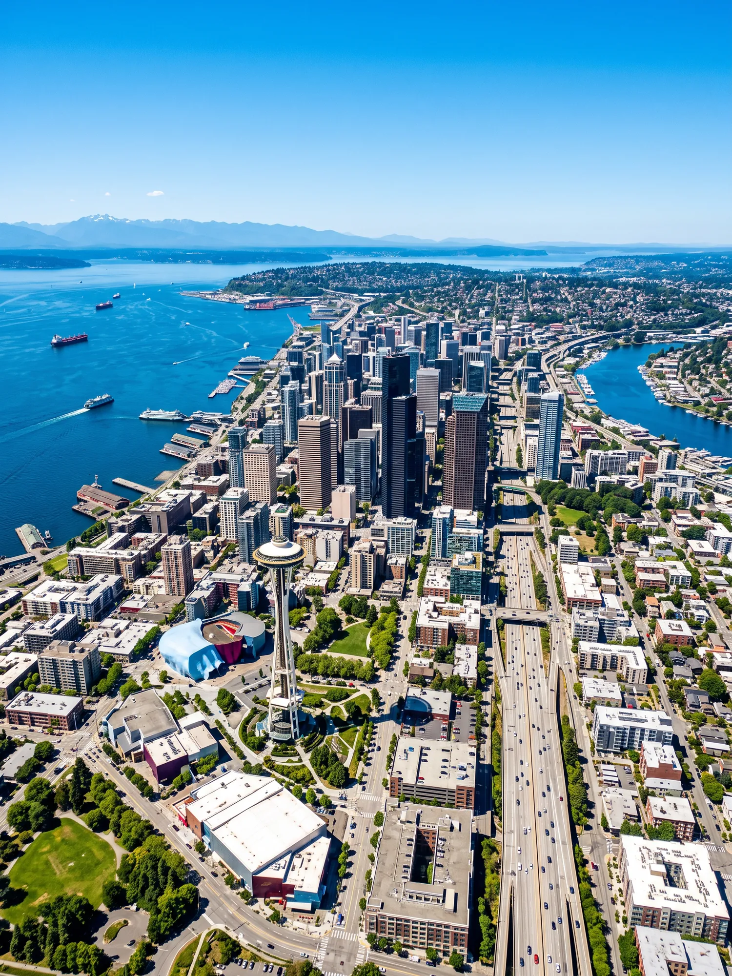 Panoramic aerial view of Seattle skyline in bright daylight