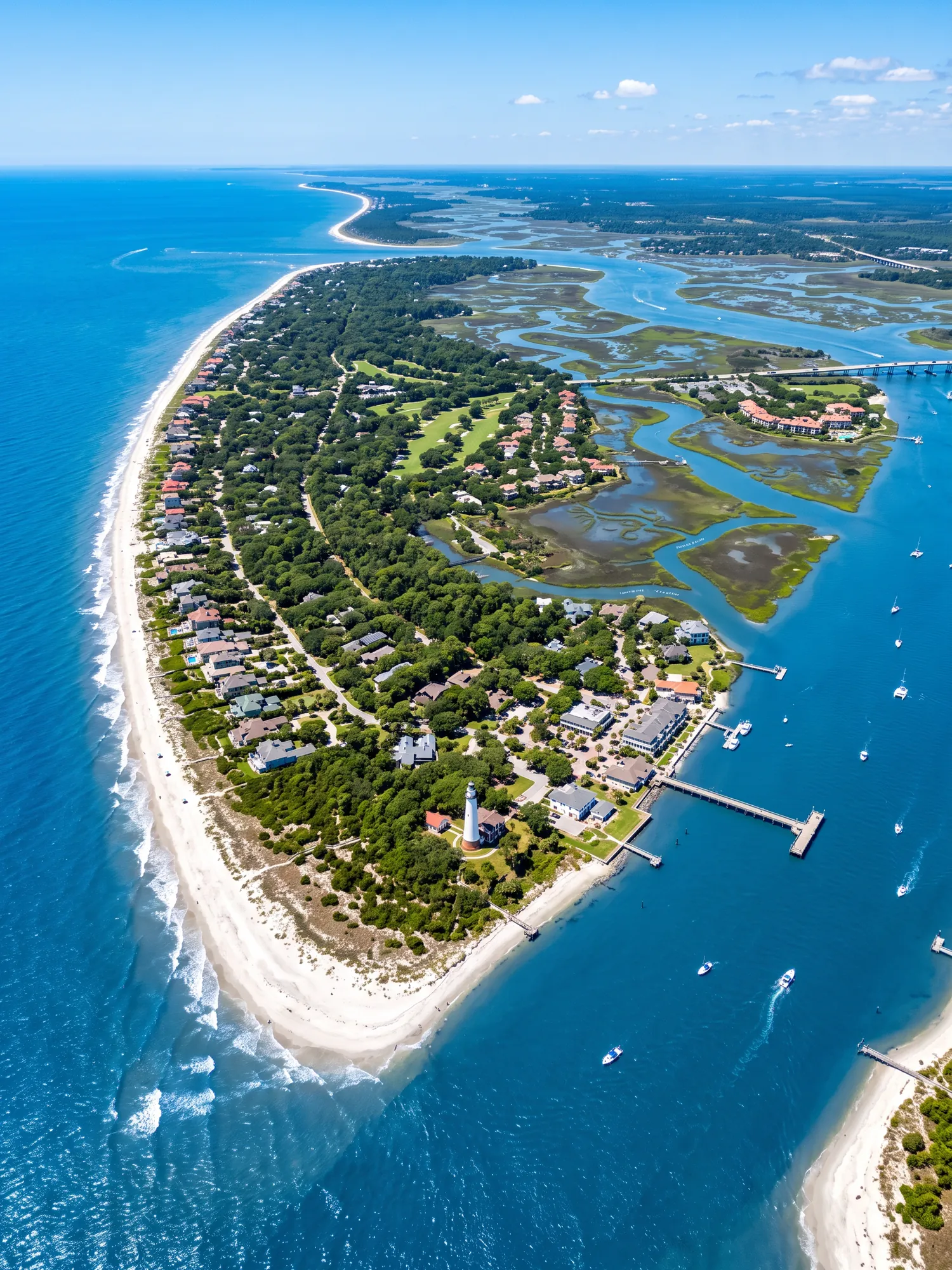 Panoramic aerial view of St Simons Island skyline in bright daylight