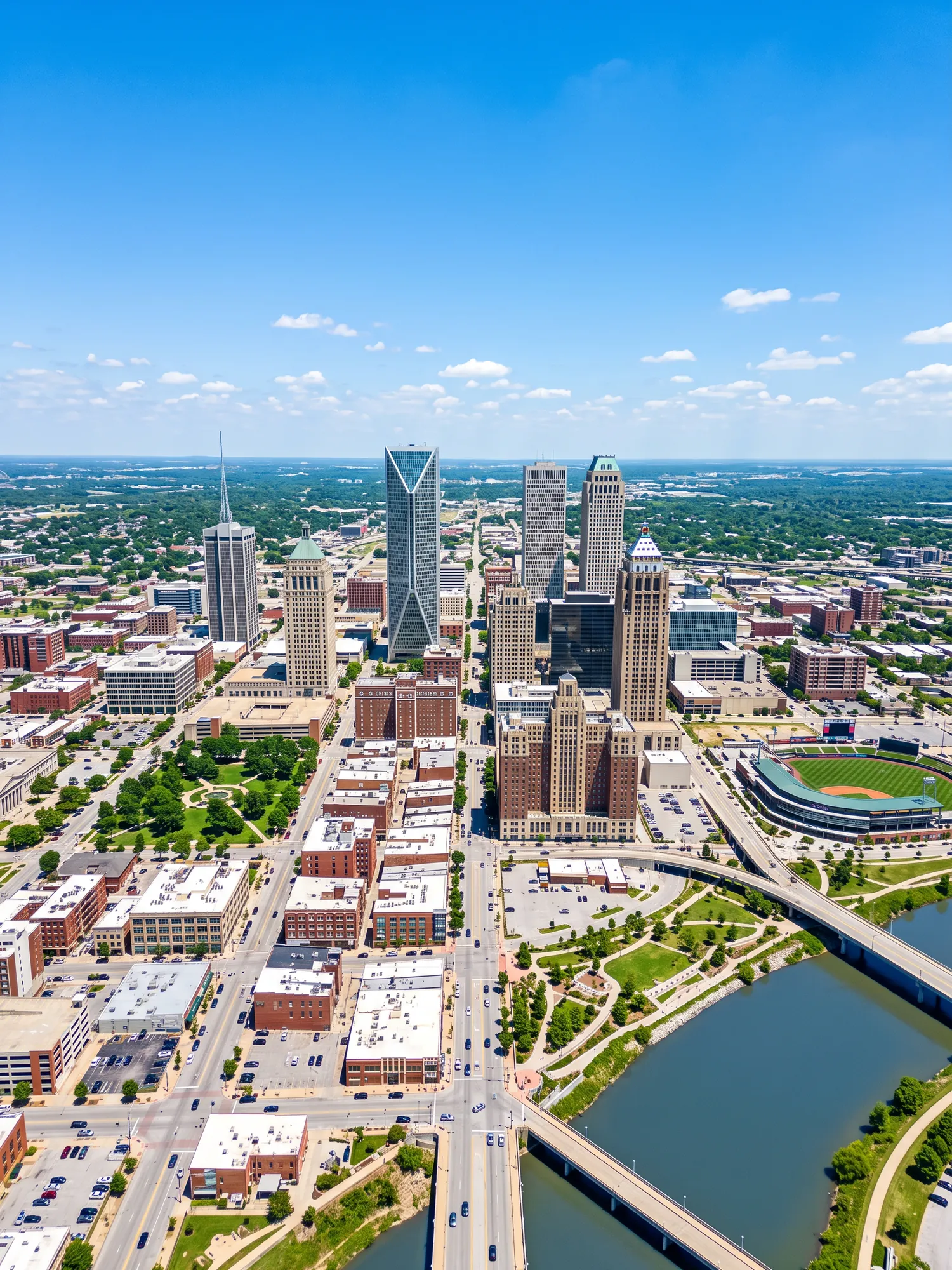 Panoramic aerial view of Tulsa skyline in bright daylight