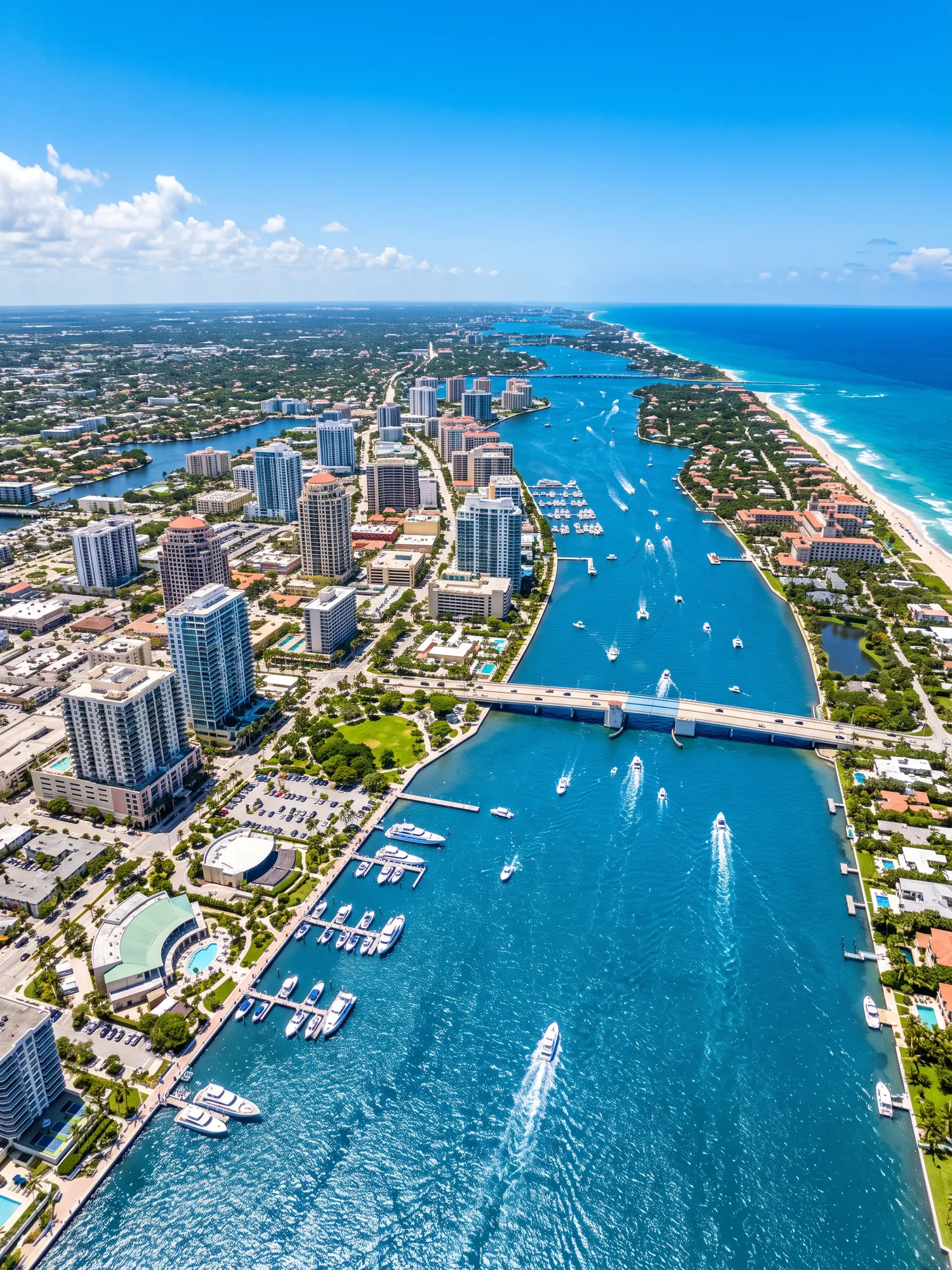 Panoramic aerial view of West Palm Beach skyline in bright daylight