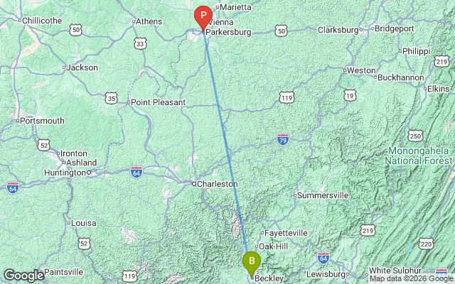 Flight path from Beckley to Parkersburg