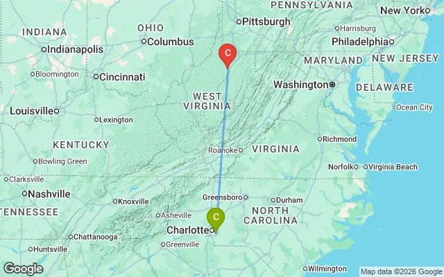 Flight path from Charlotte to Clarksburg