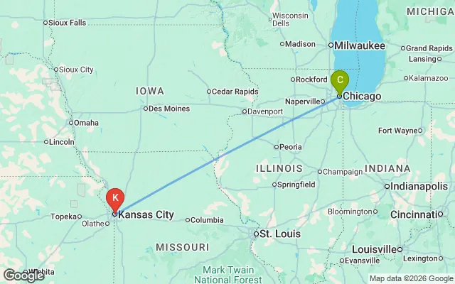 Flight path from Chicago to Kansas City