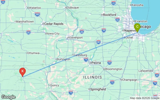 Flight path from Chicago to Kirksville