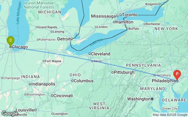 Flight path from Chicago to Philadelphia