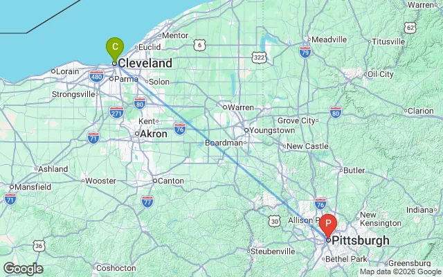 Flight path from Cleveland to Pittsburgh