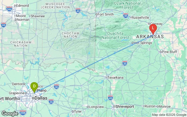 Flight path from Dallas to Little Rock
