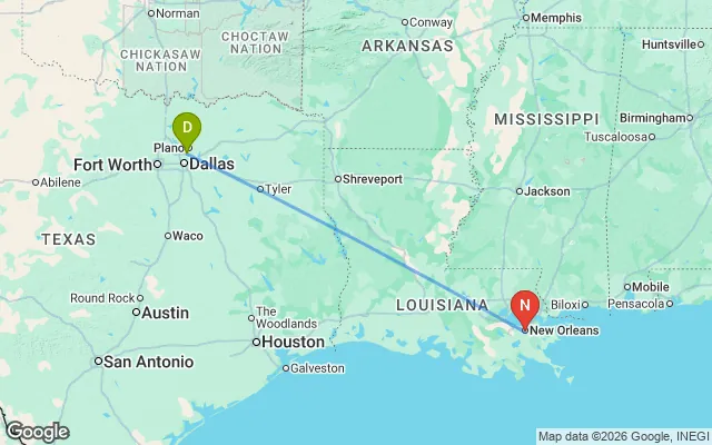 Flight path from Dallas to New Orleans