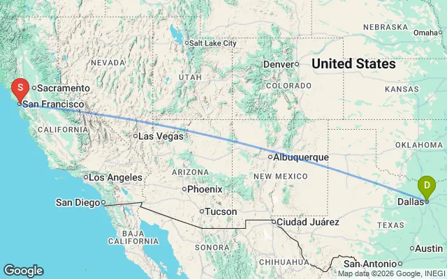 Flight path from Dallas to San Francisco