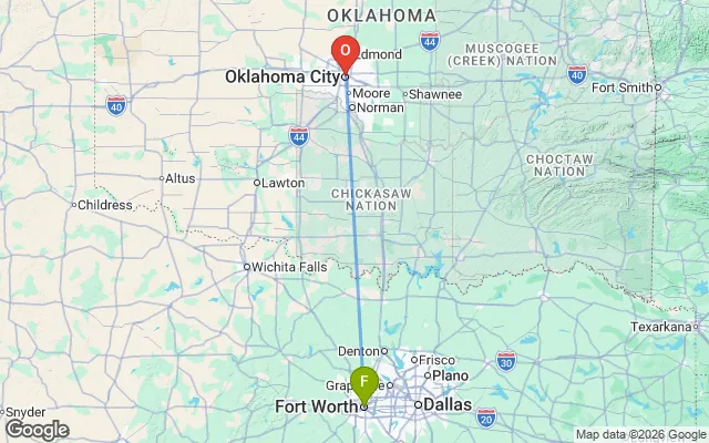 Flight path from Fort Worth to Oklahoma City