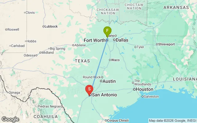 Flight path from Fort Worth to San Antonio