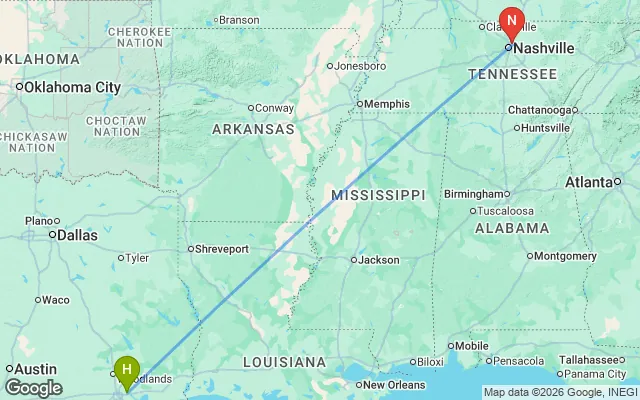 Flight path from Houston to Nashville