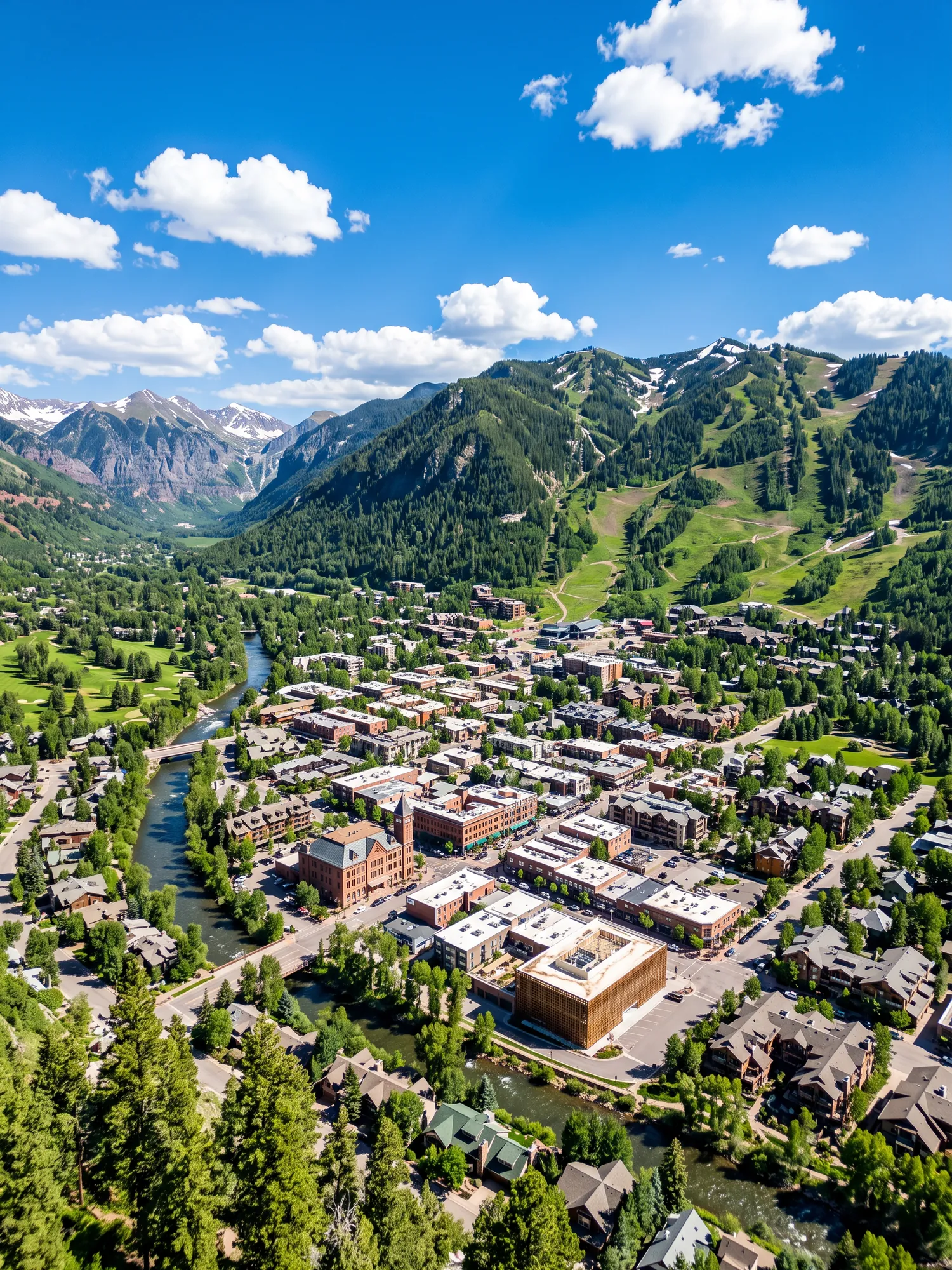 Panoramic aerial view of Aspen skyline in bright daylight