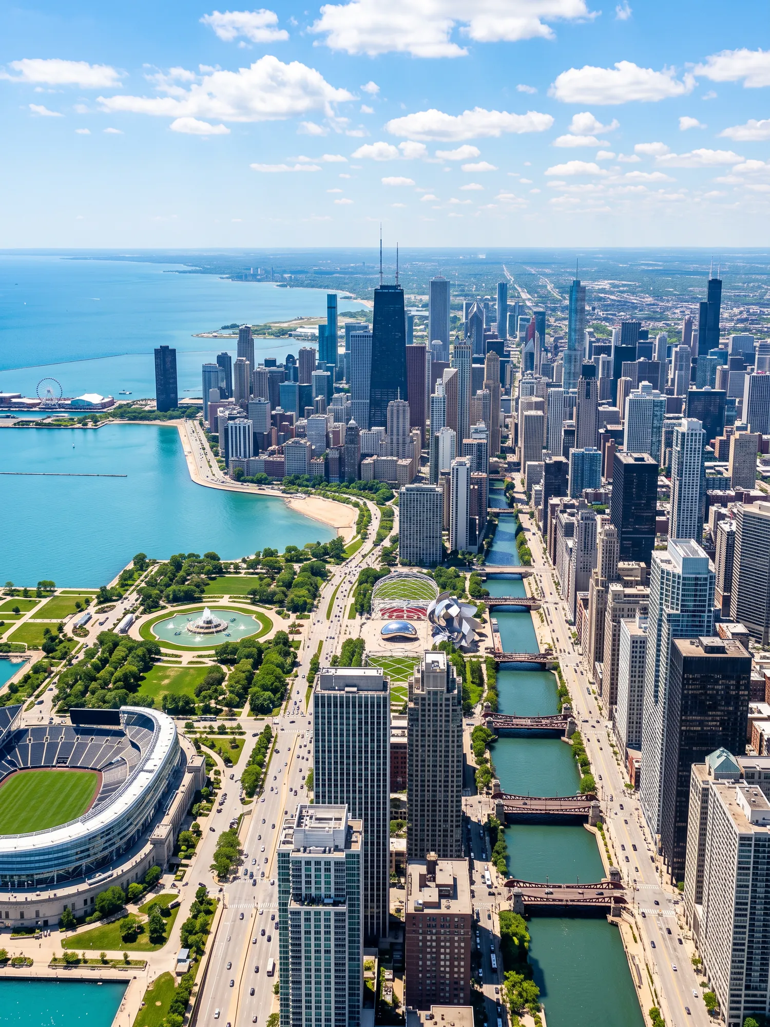 Panoramic aerial view of Chicago skyline in bright daylight