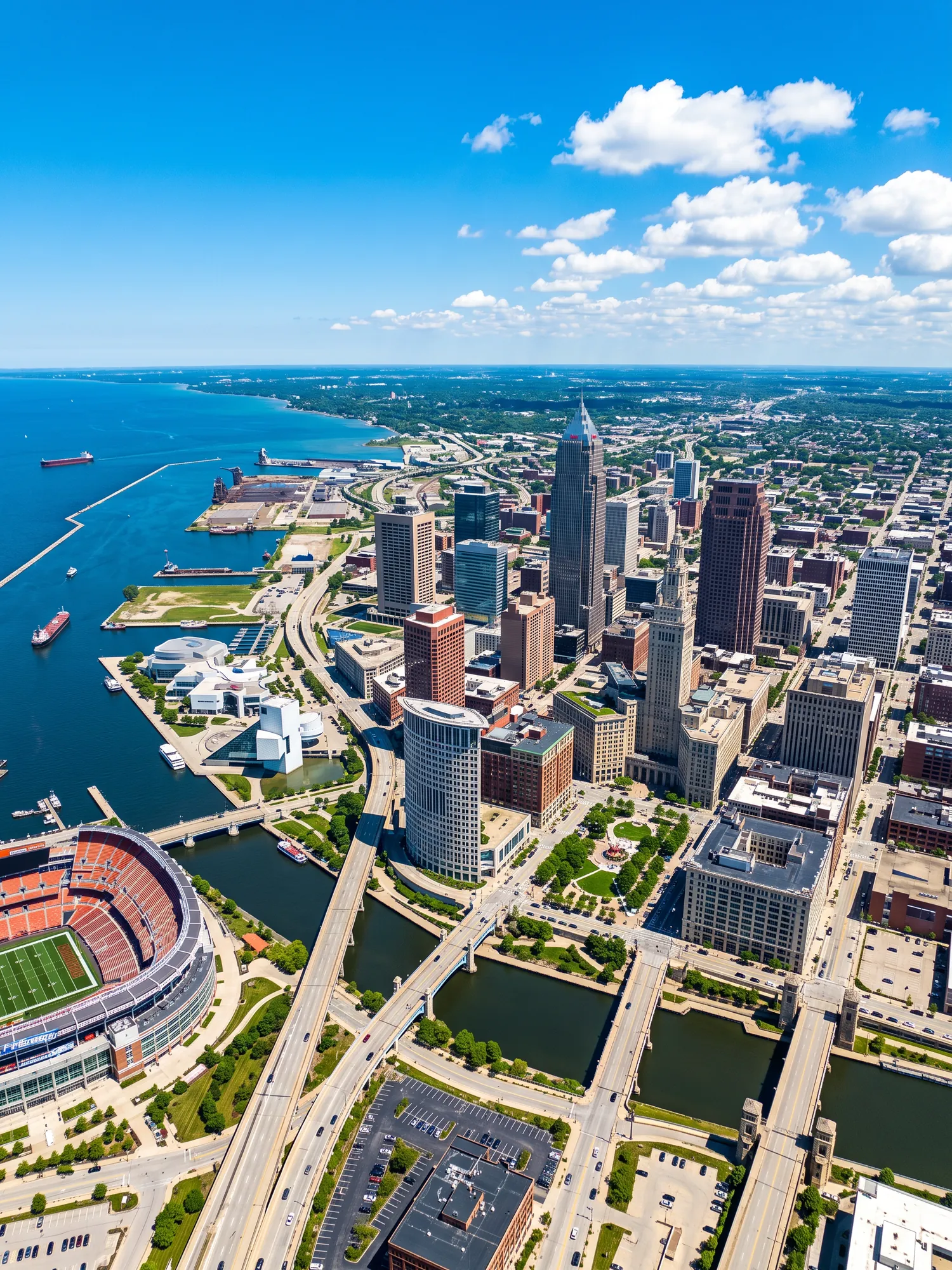 Panoramic aerial view of Cleveland skyline in bright daylight