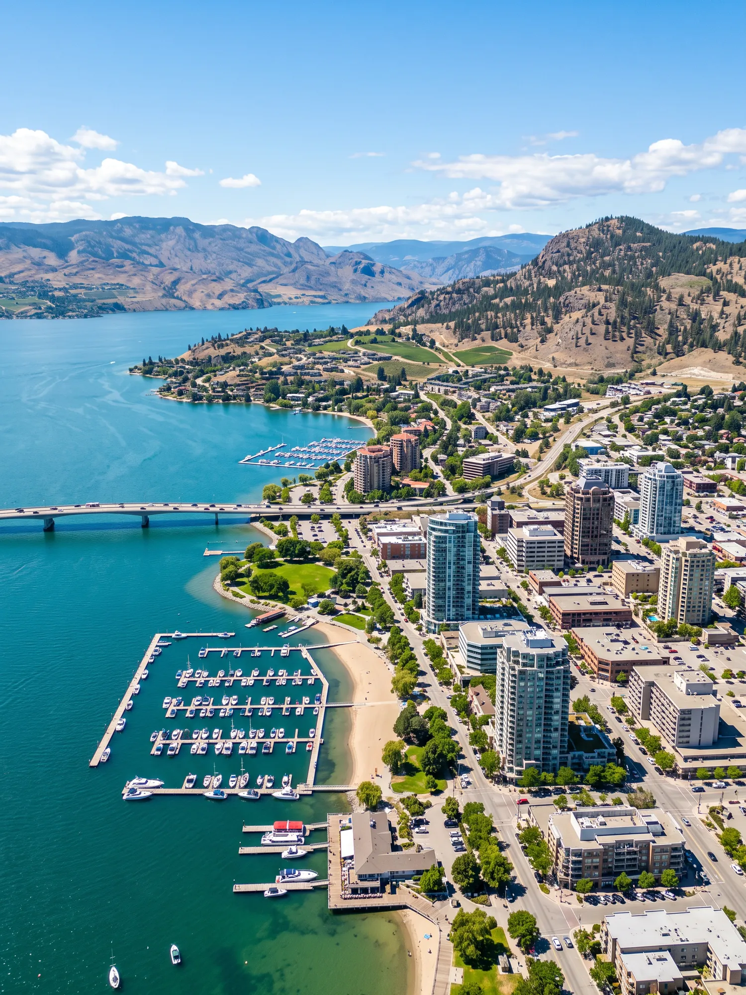 Panoramic aerial view of Kelowna skyline in bright daylight