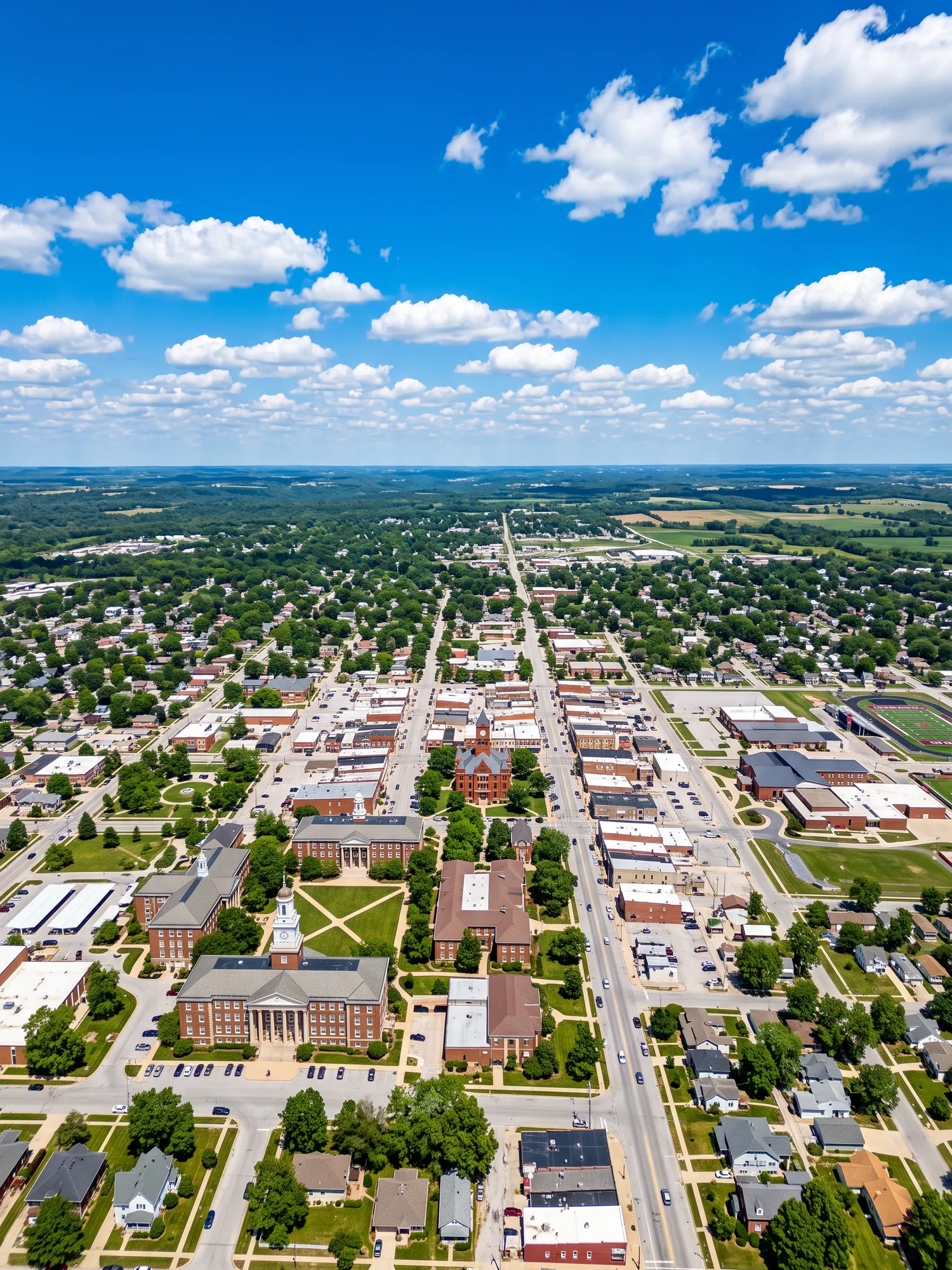 Panoramic aerial view of Kirksville skyline in bright daylight