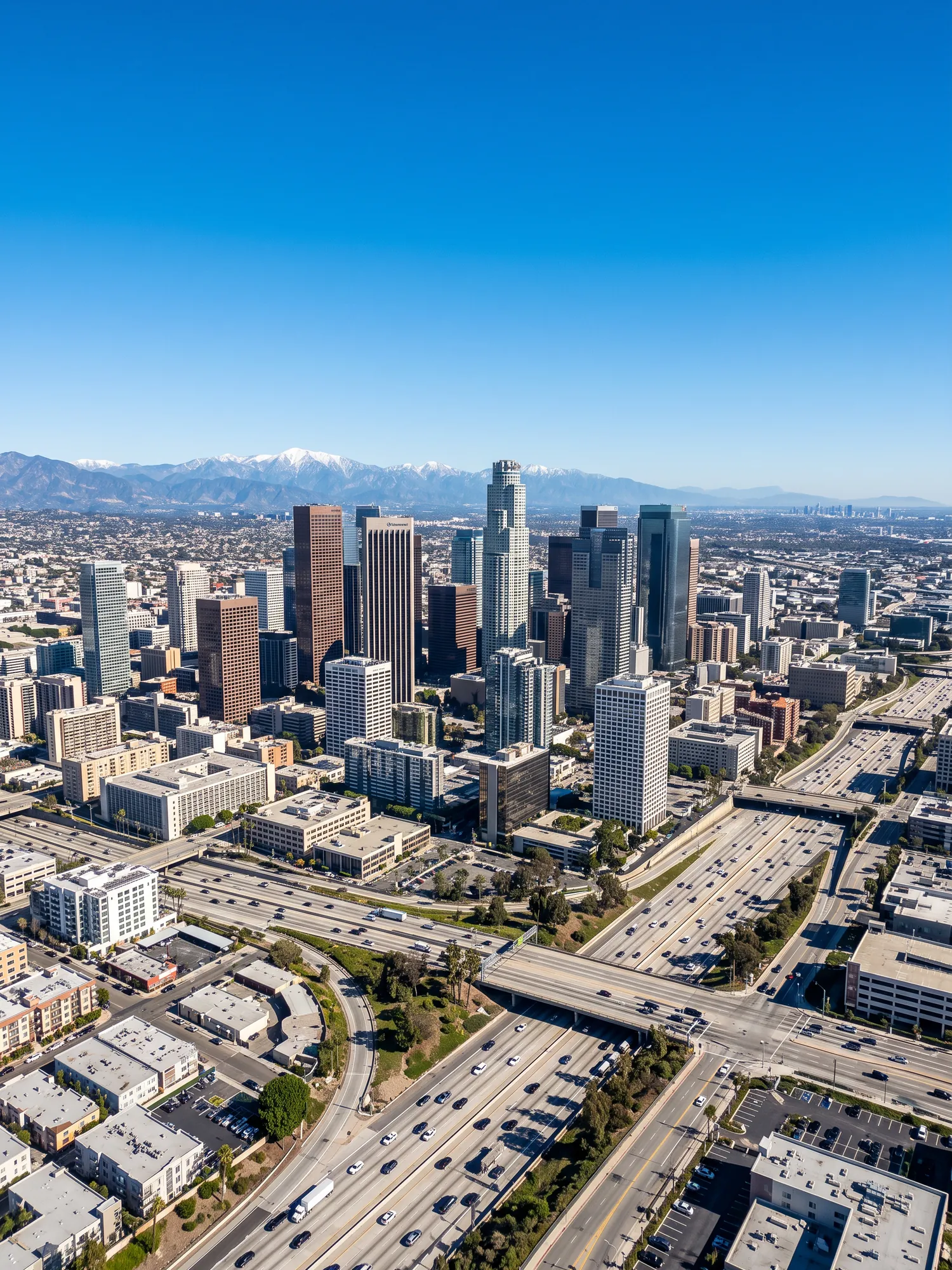 Panoramic aerial view of Los Angeles skyline in bright daylight