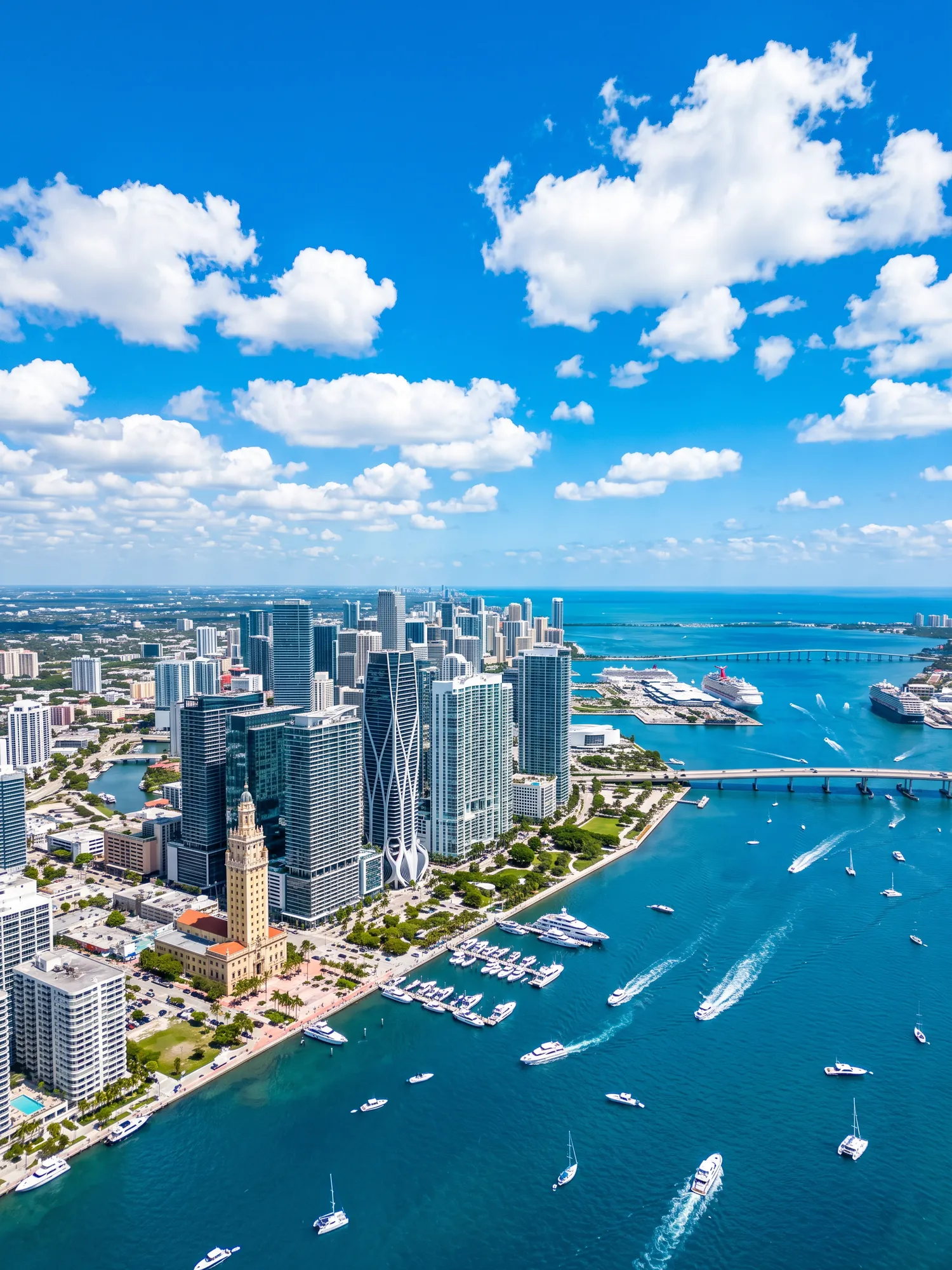 Panoramic aerial view of Miami skyline in bright daylight