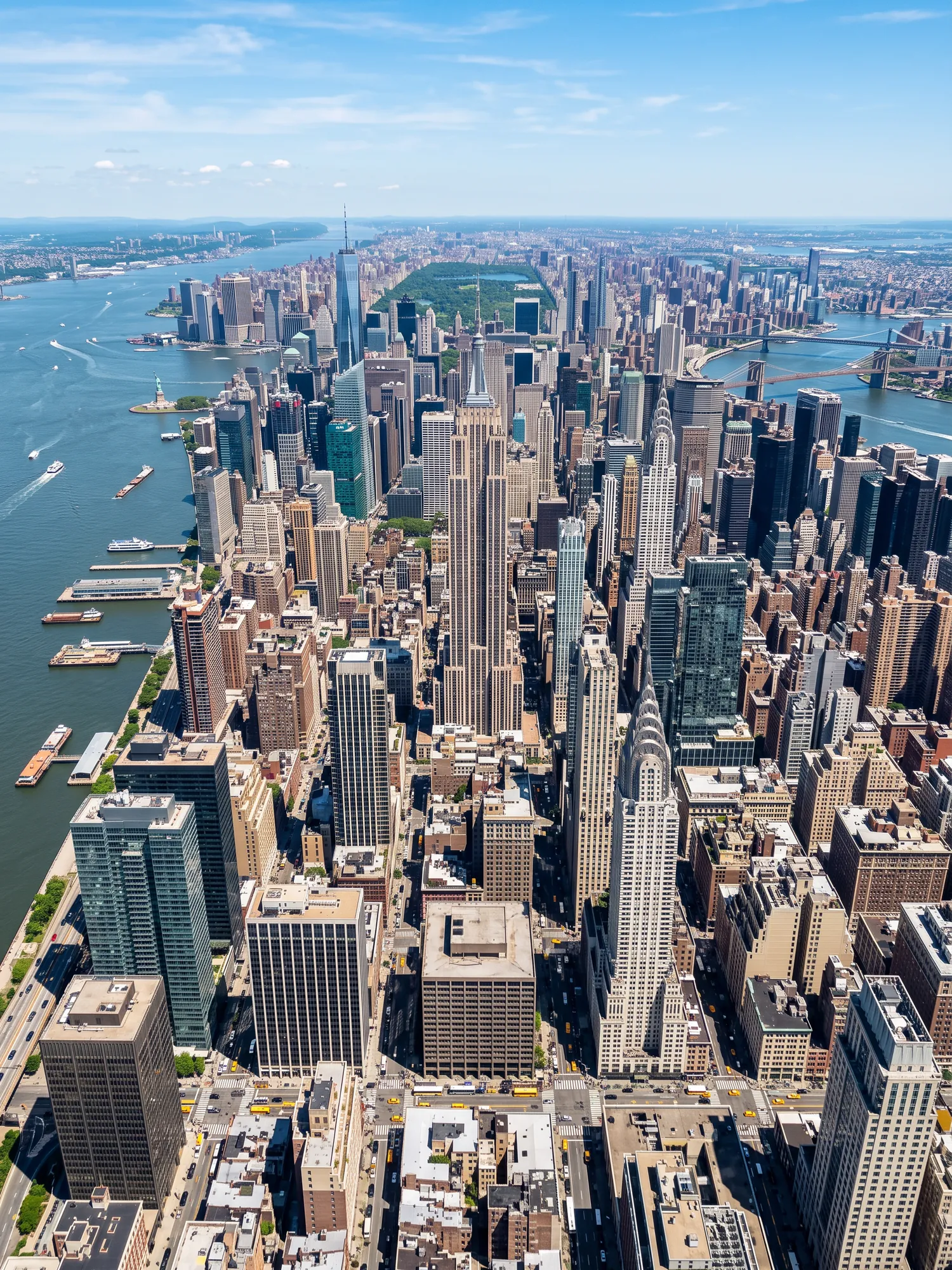 Panoramic aerial view of New York skyline in bright daylight