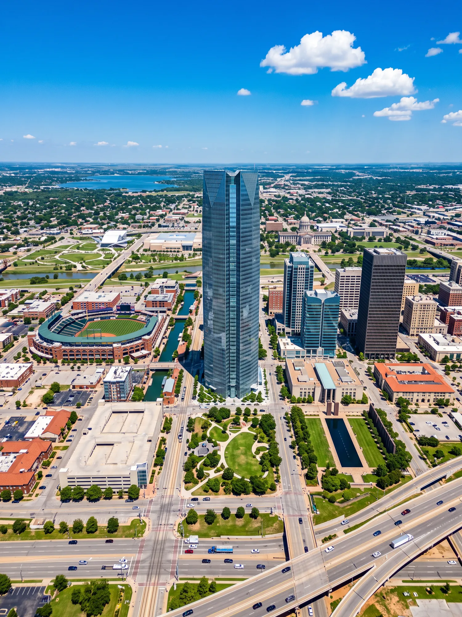 Panoramic aerial view of Oklahoma City skyline in bright daylight