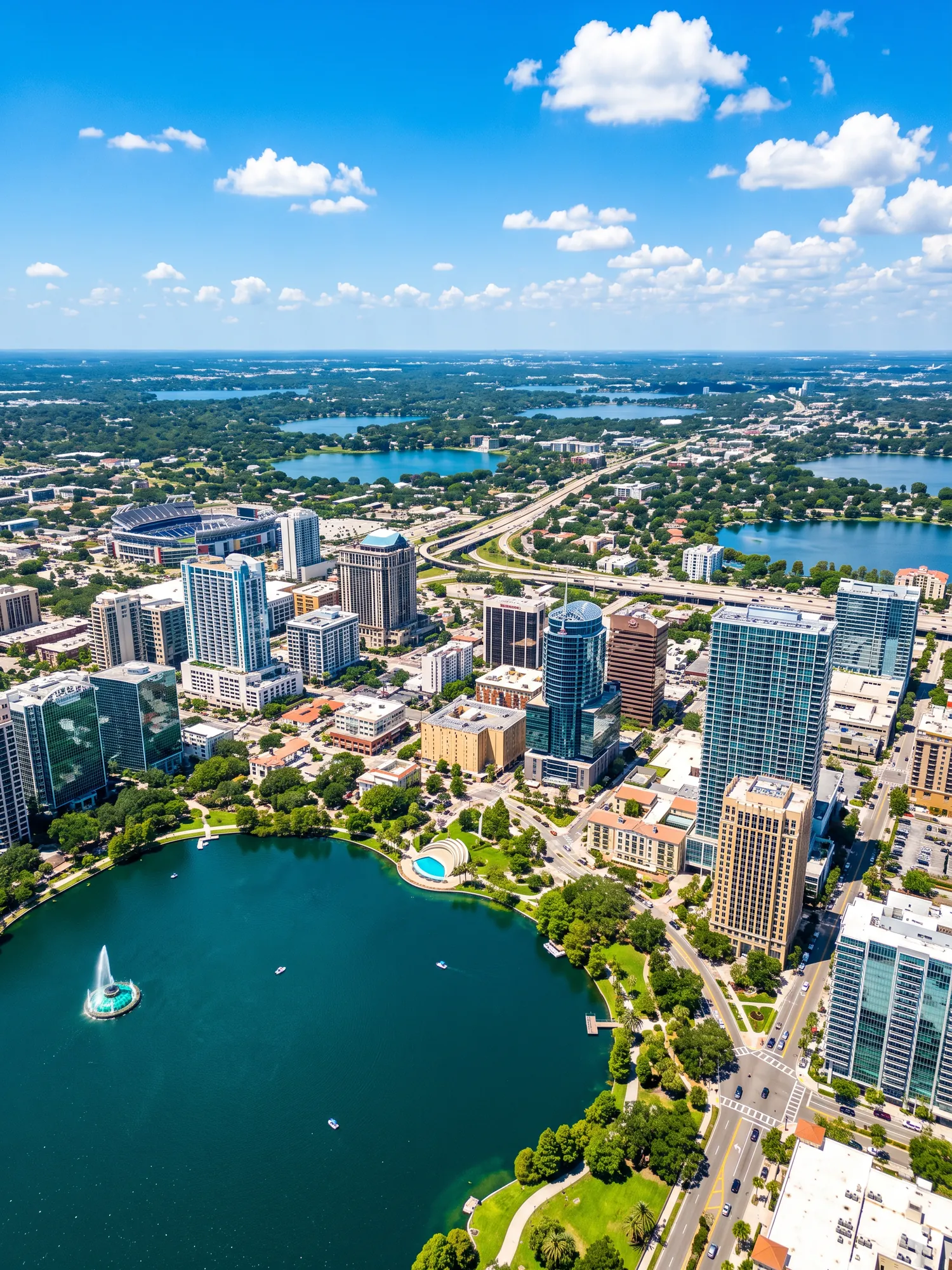 Panoramic aerial view of Orlando skyline in bright daylight