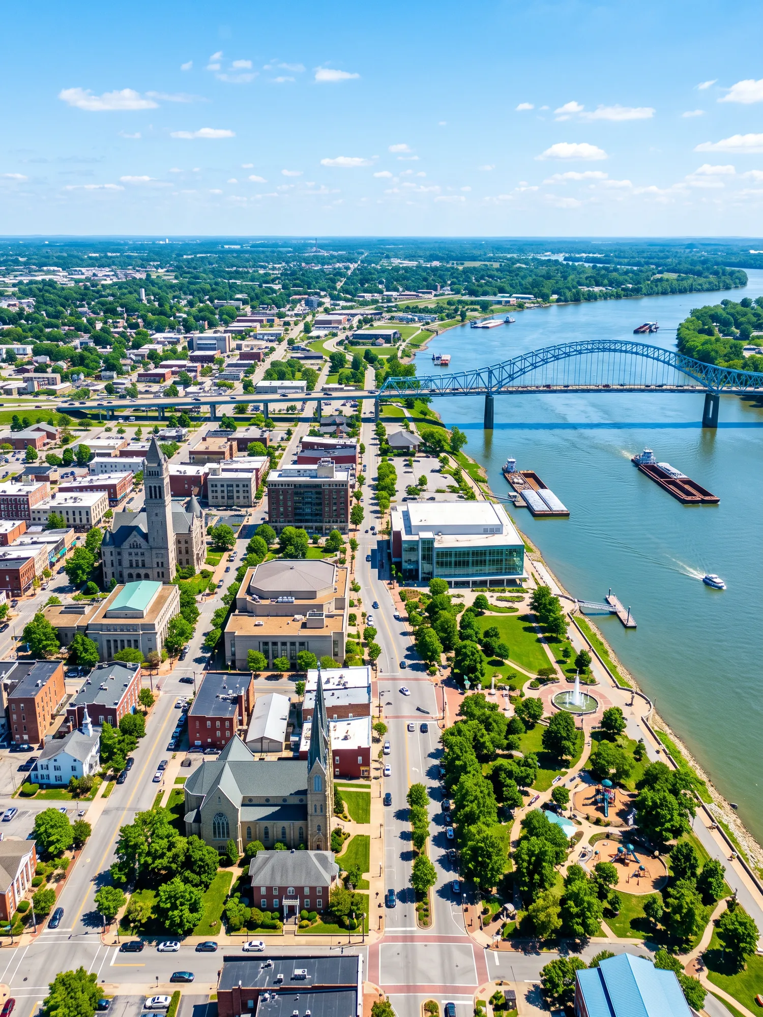 Panoramic aerial view of Owensboro skyline in bright daylight