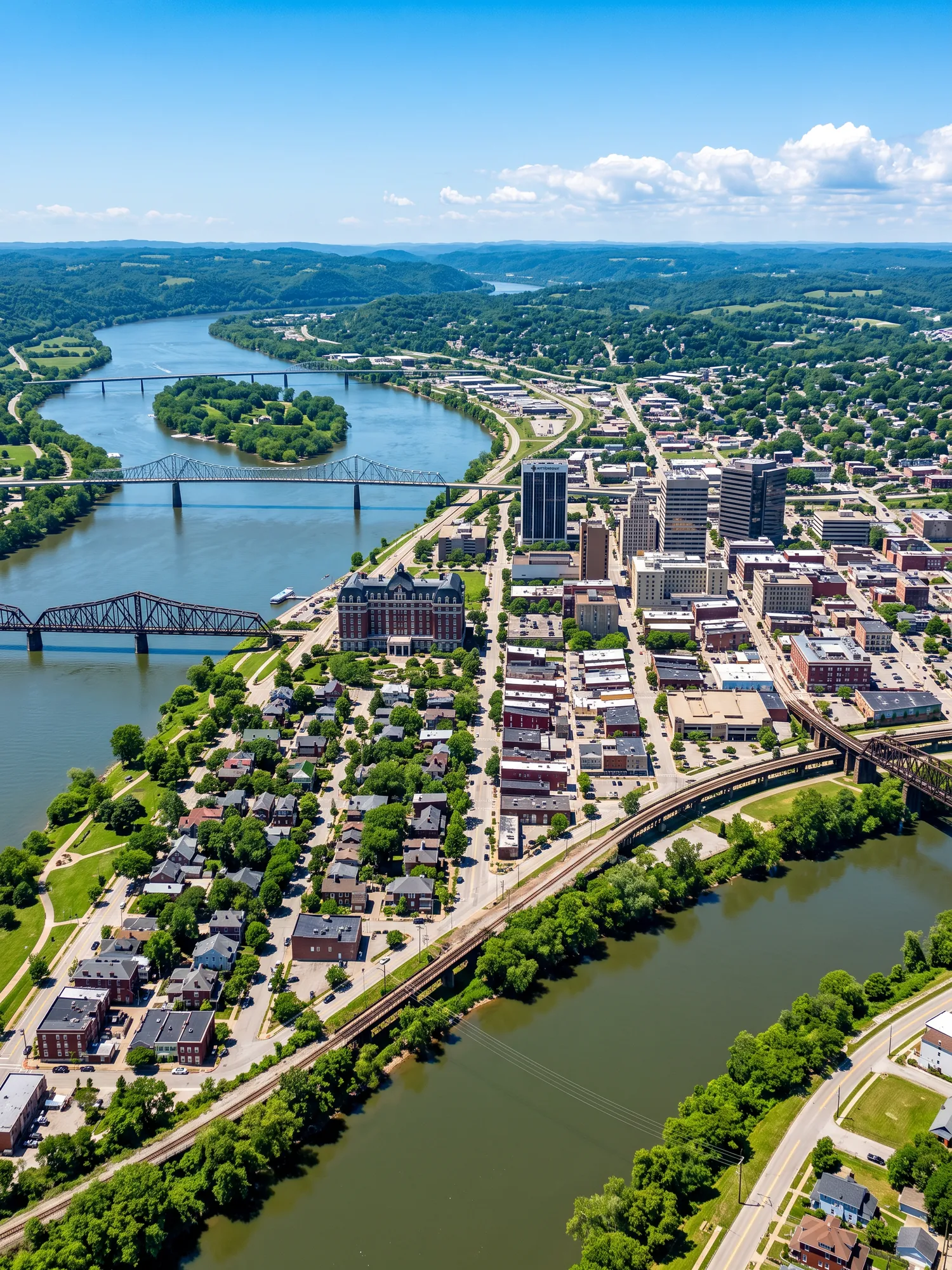 Panoramic aerial view of Parkersburg skyline in bright daylight