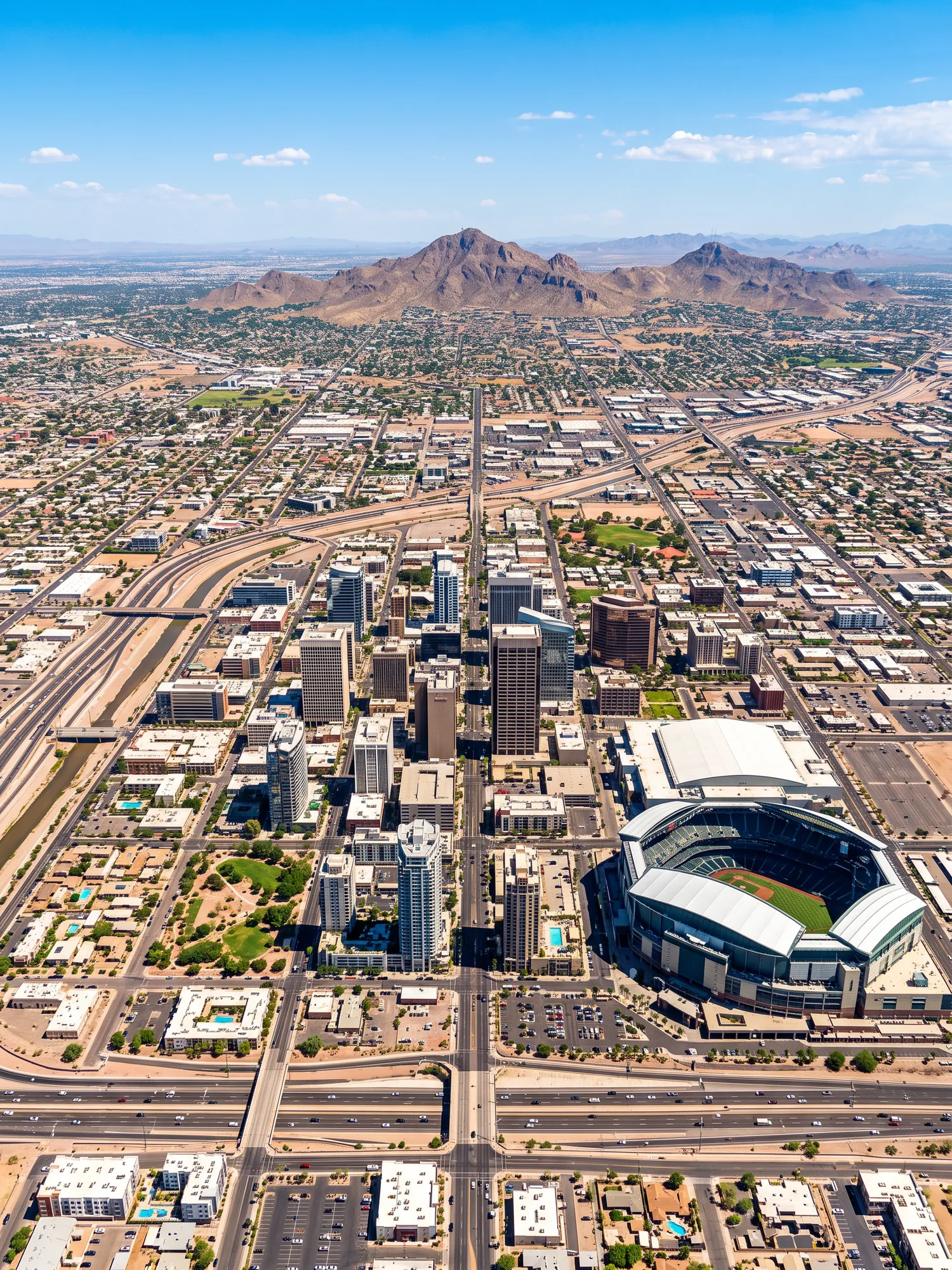 Panoramic aerial view of Phoenix skyline in bright daylight