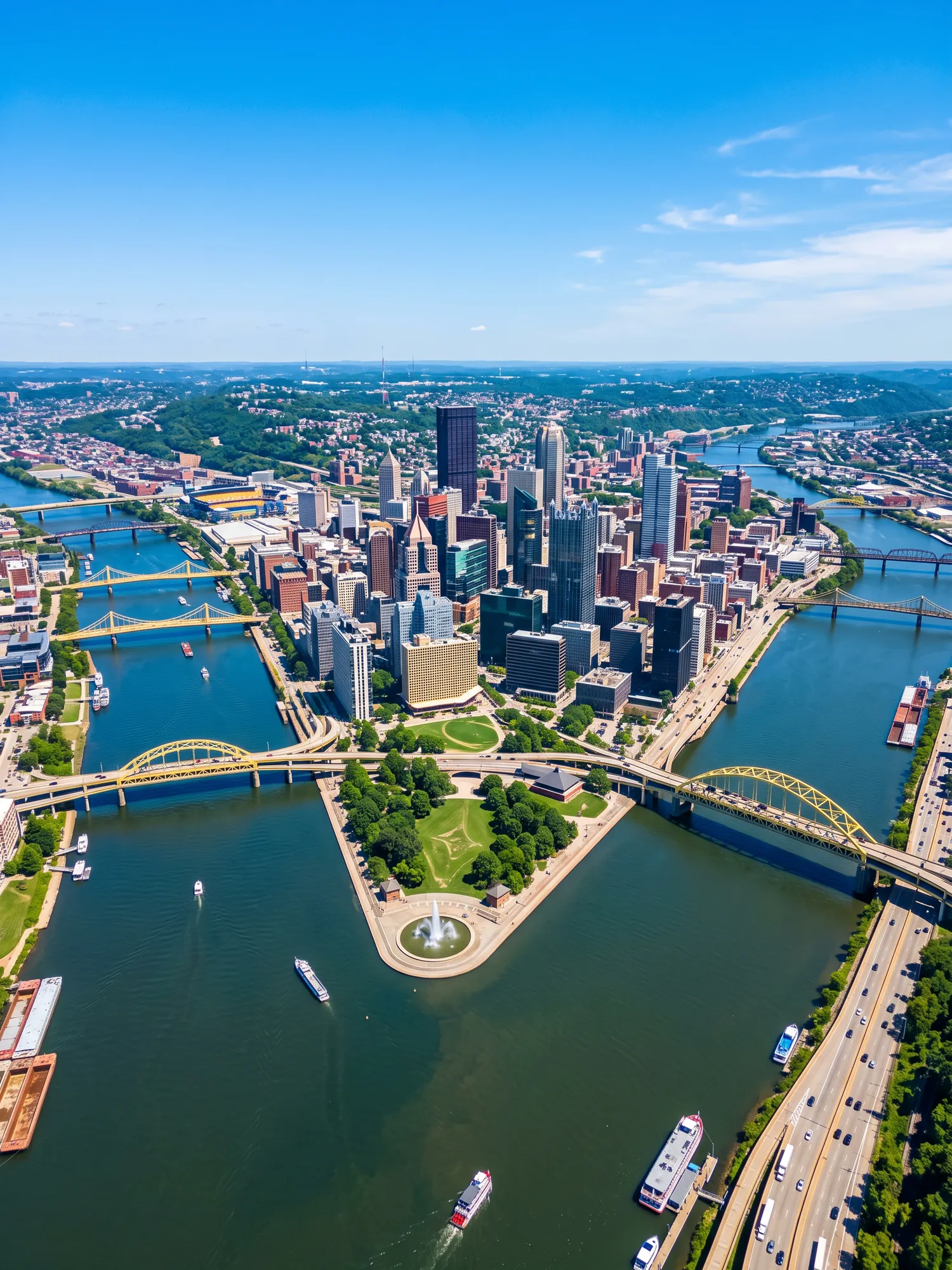 Panoramic aerial view of Pittsburgh skyline in bright daylight