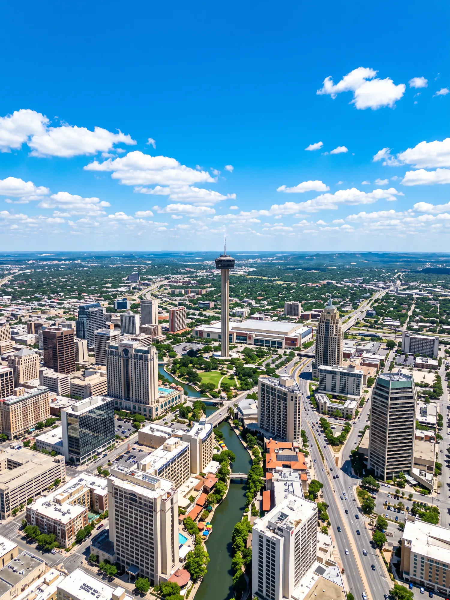 Panoramic aerial view of San Antonio skyline in bright daylight