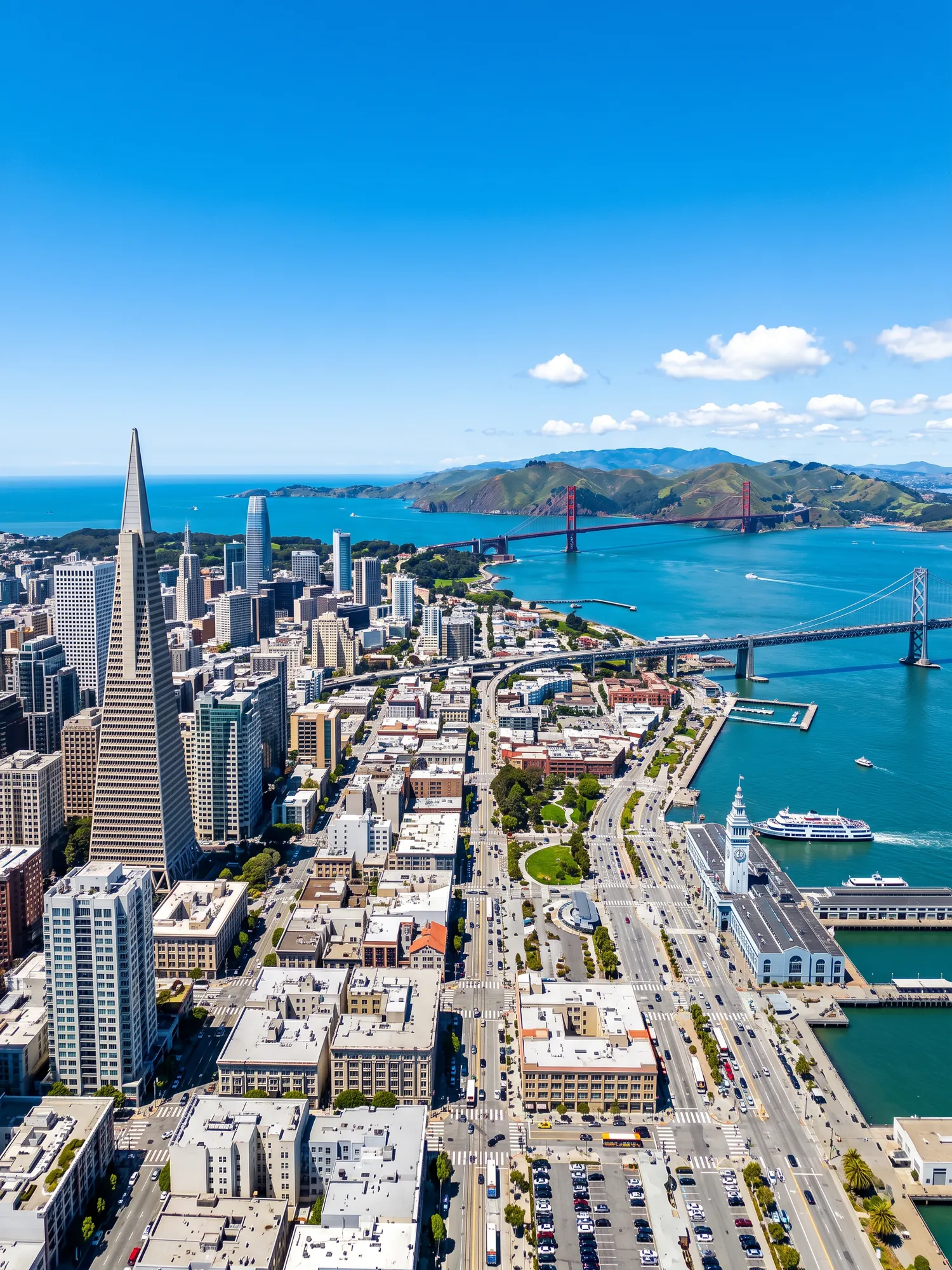 Panoramic aerial view of San Francisco skyline in bright daylight