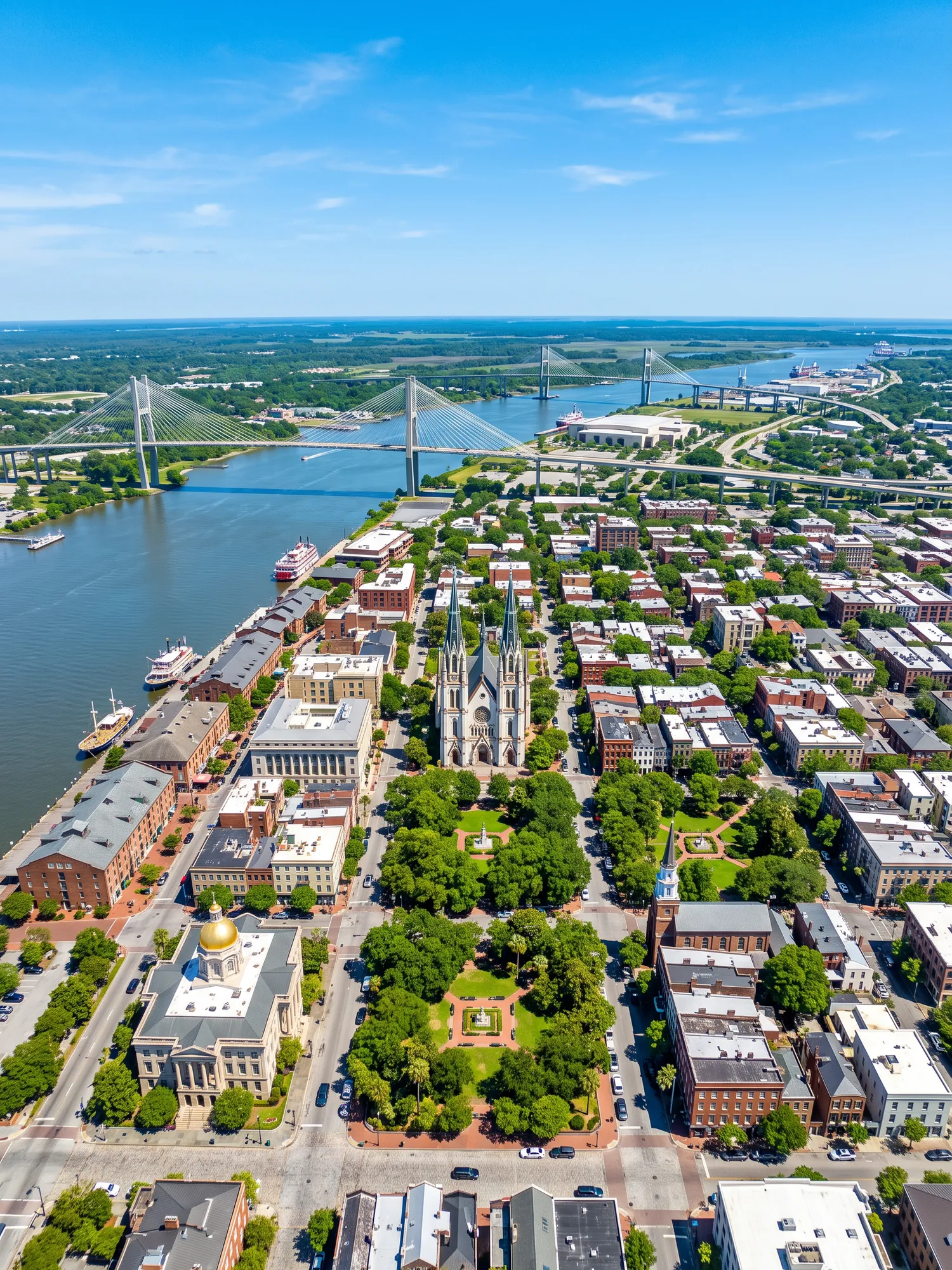Panoramic aerial view of Savannah skyline in bright daylight