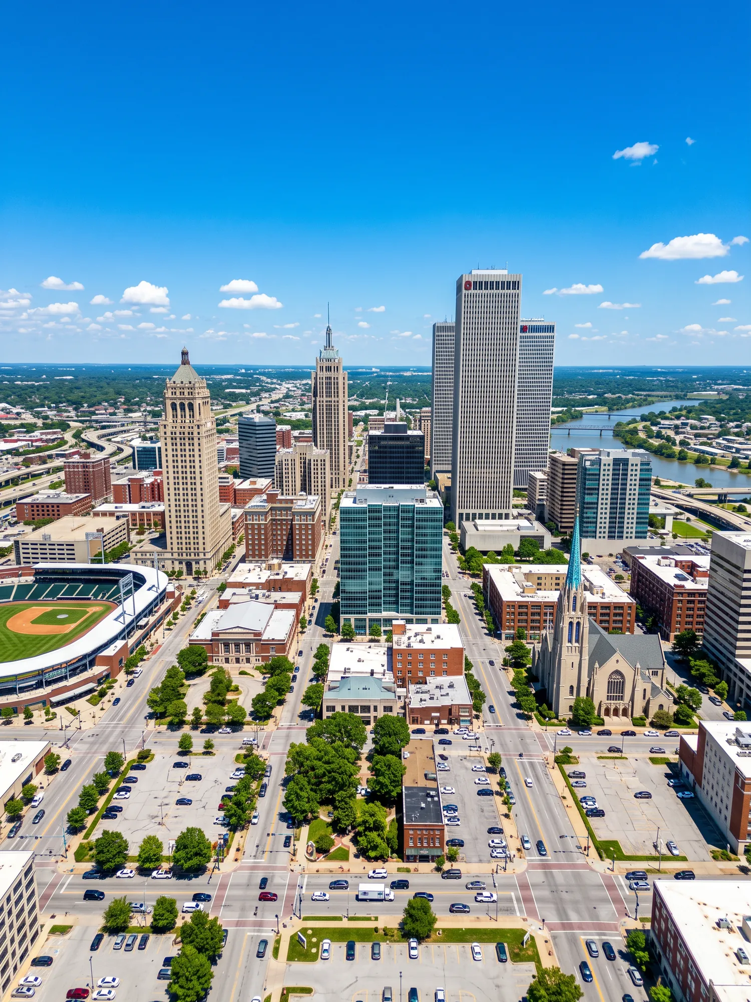 Panoramic aerial view of Tulsa skyline in bright daylight