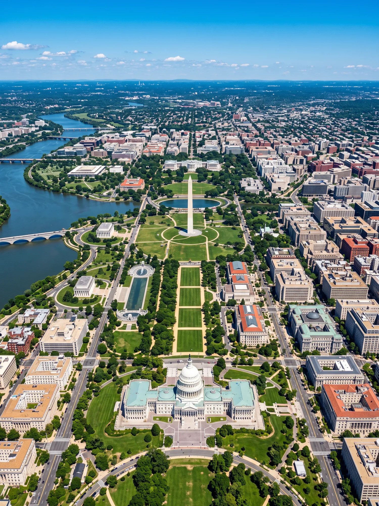 Panoramic aerial view of Washington skyline in bright daylight